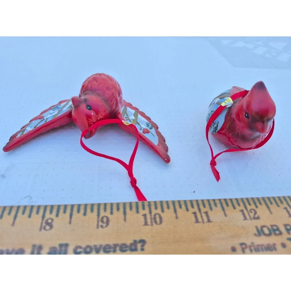 Red Cardinal Christmas Ornaments Set of 2 Winter Scene Hand Painted Bird Decor